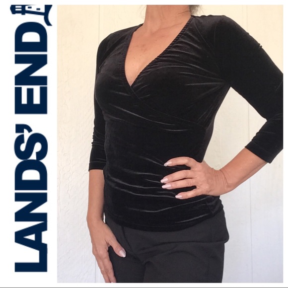 LANDS END BLACK VELVET SURPLICE WRAP TOP NWOT XS - Picture 2 of 11